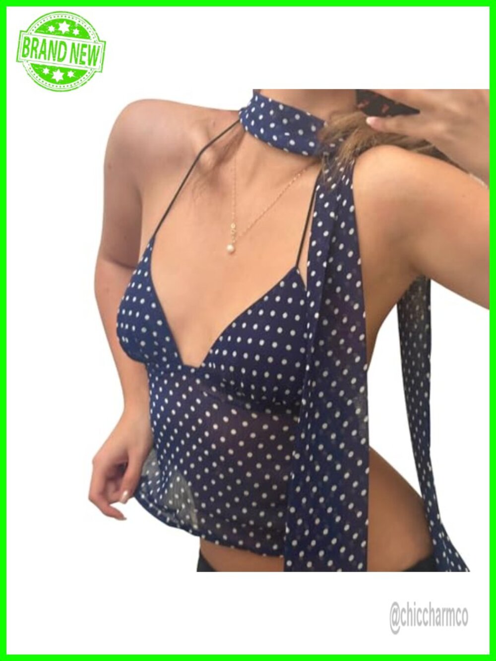 Women Polka Dot Halter Crop Cami Top Backless Mesh V Neck Going Out Tank